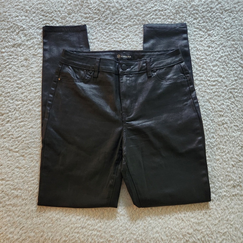 Versona Modern Black Coated Skinny Pants Faux Leather Look Stretch Size 8
